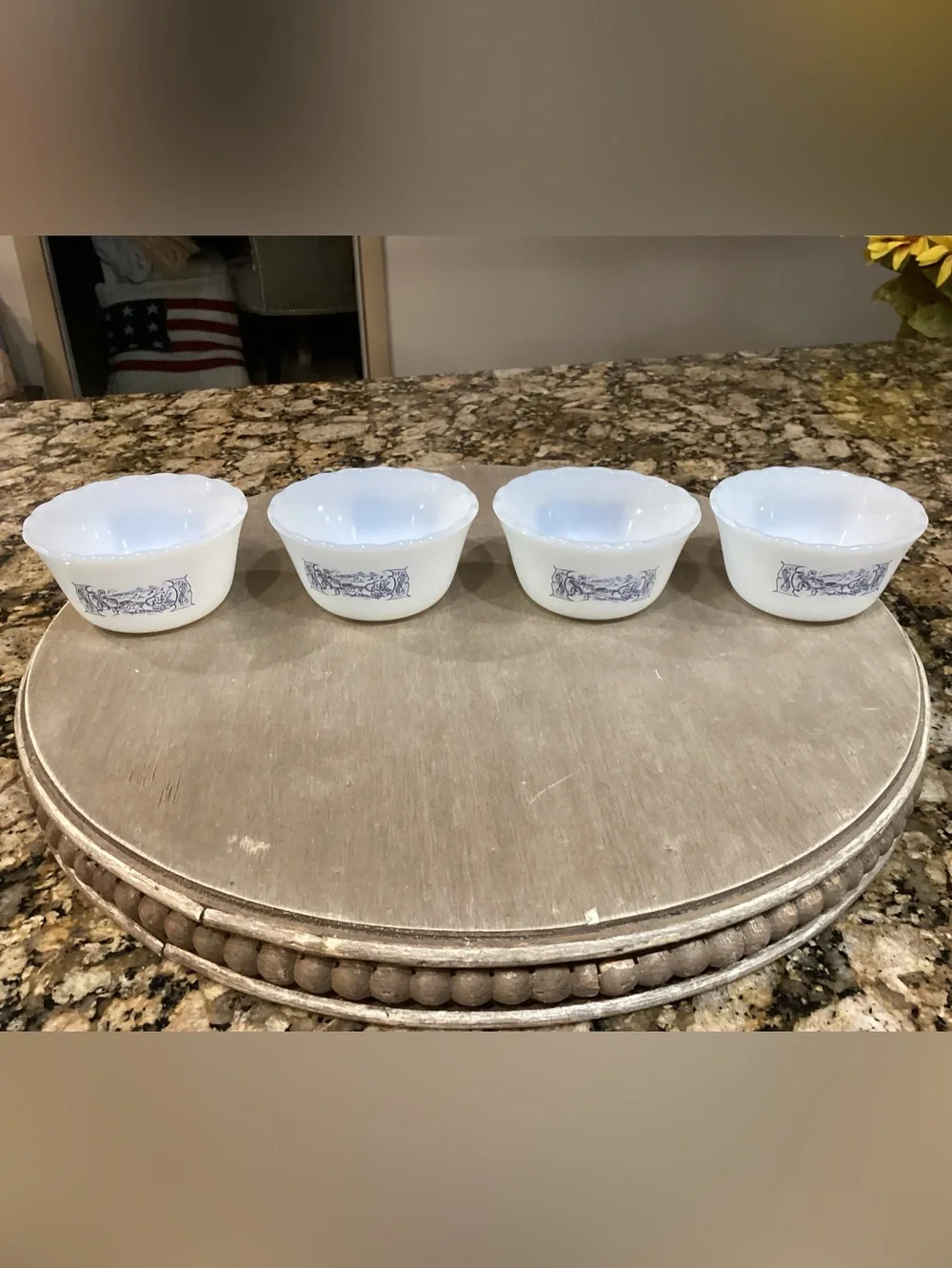 Currier & Ives blue custard cups set of 4